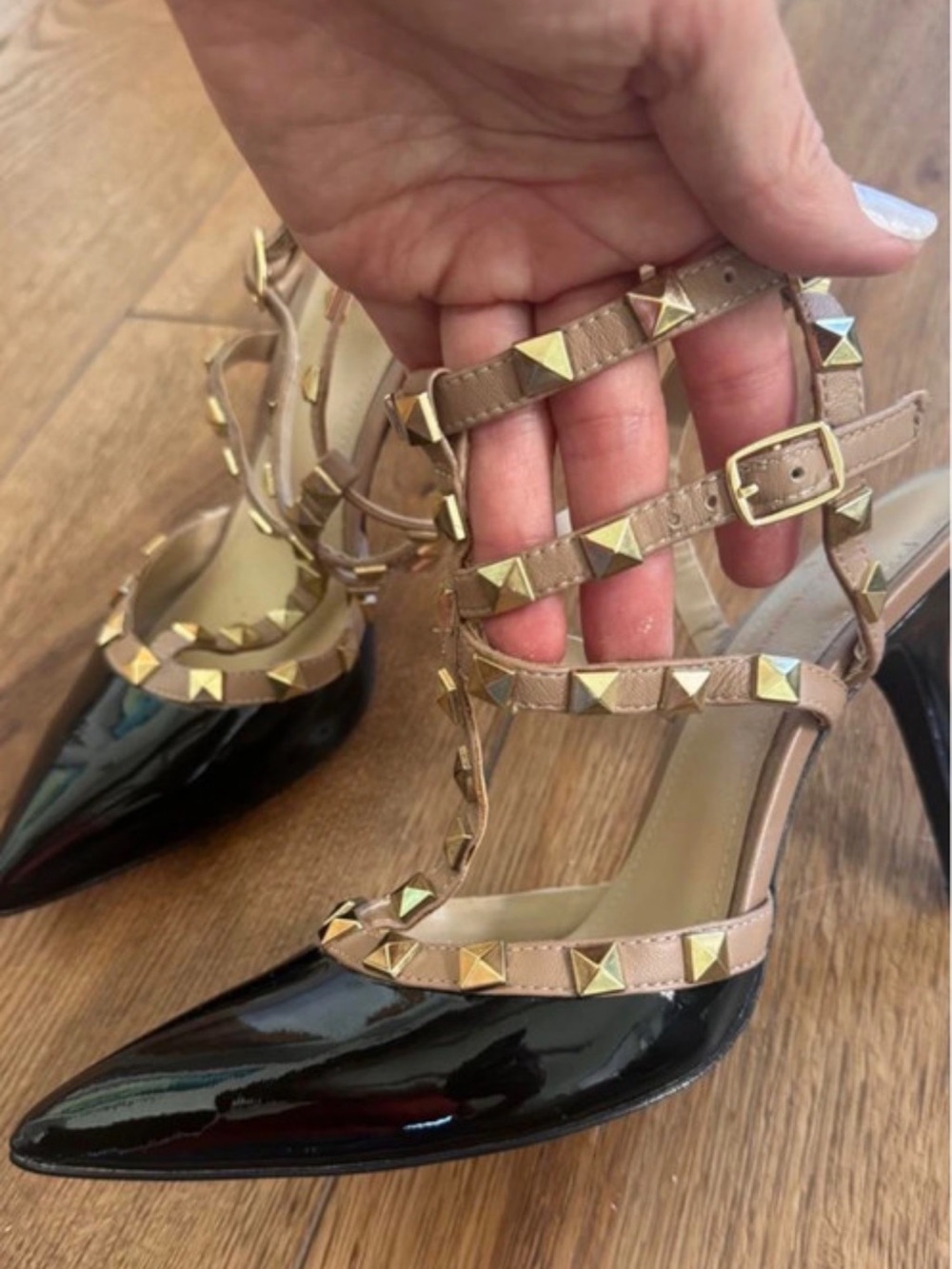 BCBGeneration Black Patent Pointed-Toe Heels with Nude Studded Straps